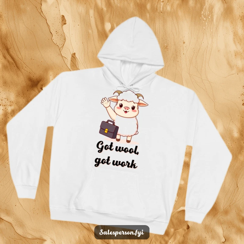 Funny hoodie featuring a smiling sheep in a suit with a briefcase, enthusiastically waving hello, ready for any task.