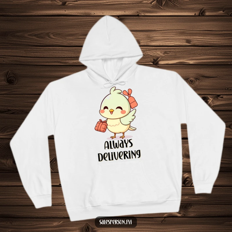 Funny hoodie with a cheerful bird smile holding a small bundle, perfect for spreading warmth and joy.