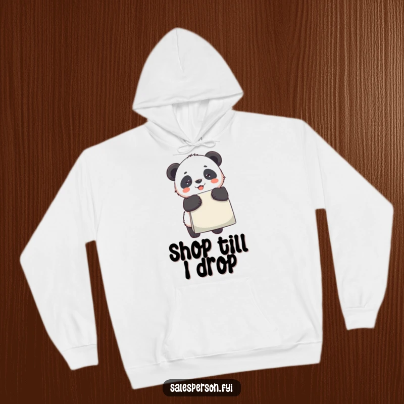Funny Panda Hoodie, beaming while clutching a huge shopping bag, conveying pure retail bliss, a warm gift.