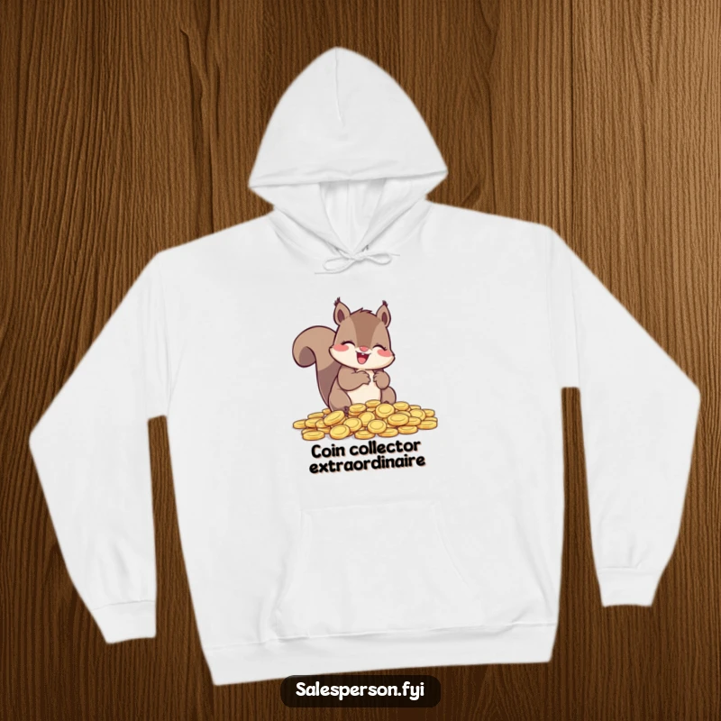 Funny Squirrel Hoodie, a squirrel giggling while counting shiny coins, radiating wealth and warmth.