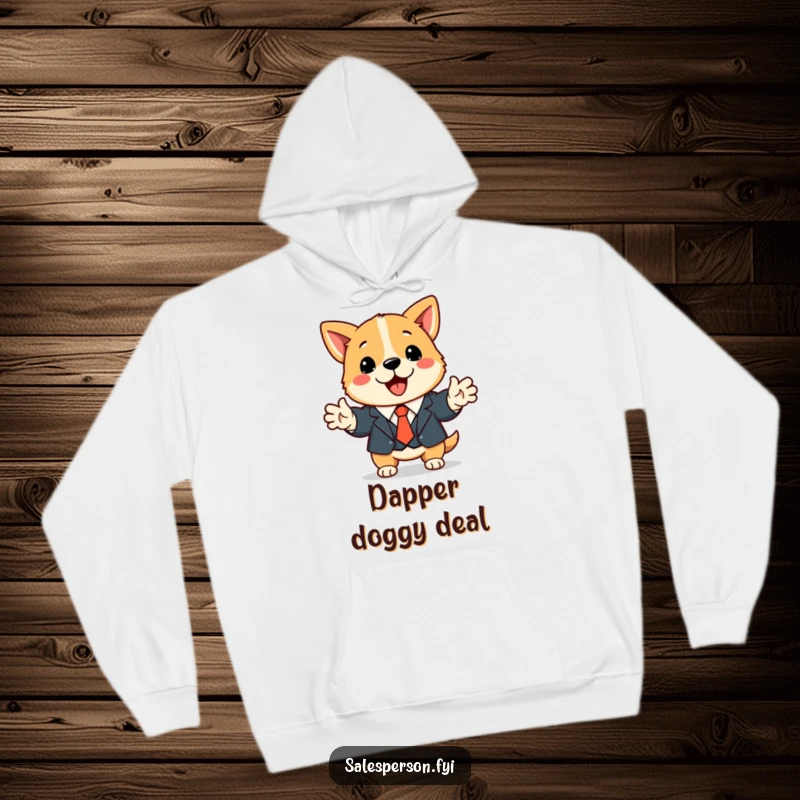 Funny dog hoodie featuring a cute dog in a suit and tie shaking hands, perfect for staying warm and stylish.