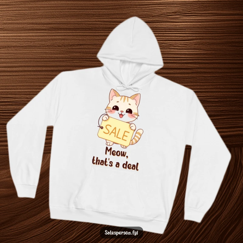 Funny and cozy hoodie with a happy cat holding a price tag with a big SALE sign.