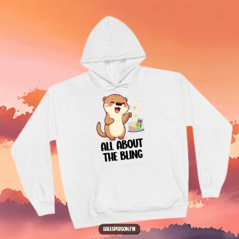 Funny otter hoodie with a playful creature pointing at sparkling goods, perfect for cozy, humorous shopping trips. Cute gift.
