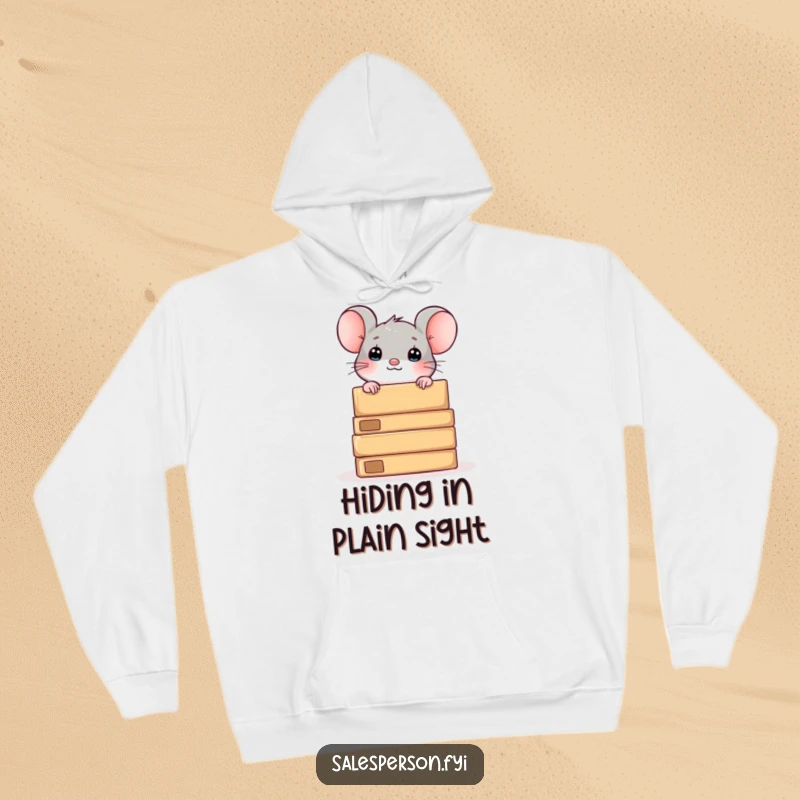 Funny hoodie featuring a curious mouse peeking from behind boxes, ideal for cozy exploration and warmth.