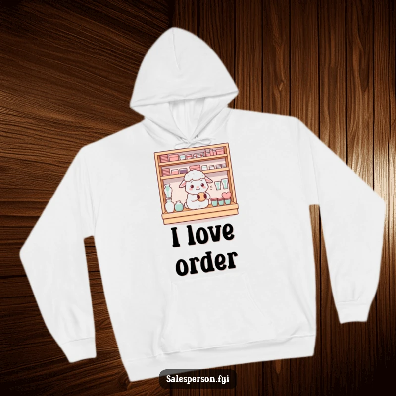 Funny content sheep neatly arranging items on a shelf on a cozy hoodie, a symbol of order, a funny gift.