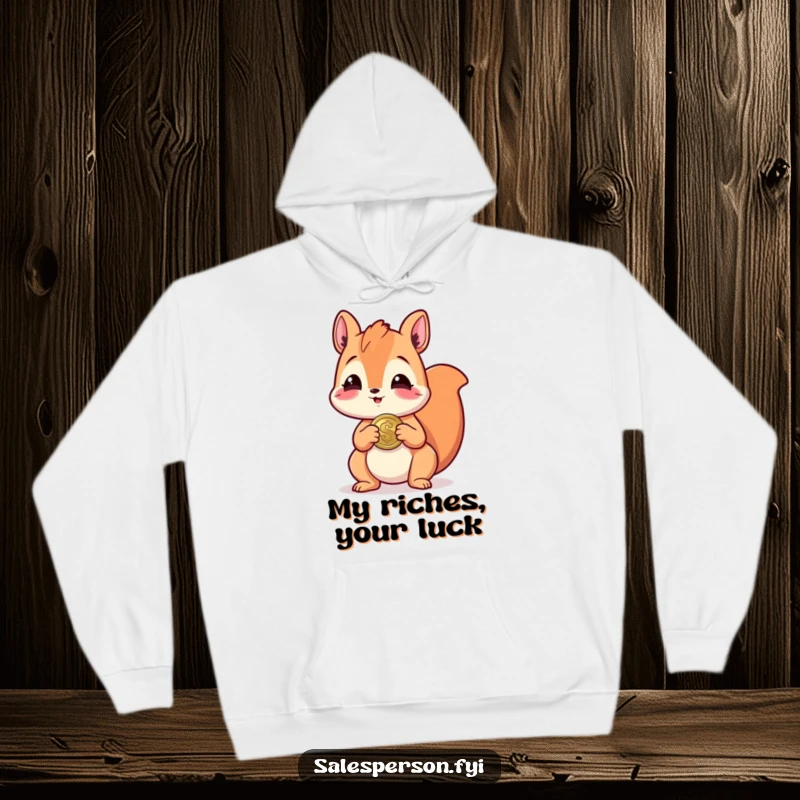 Funny hoodie showing a gleeful squirrel offering a bright, shiny coin, radiating infectious laughter and good fortune.
