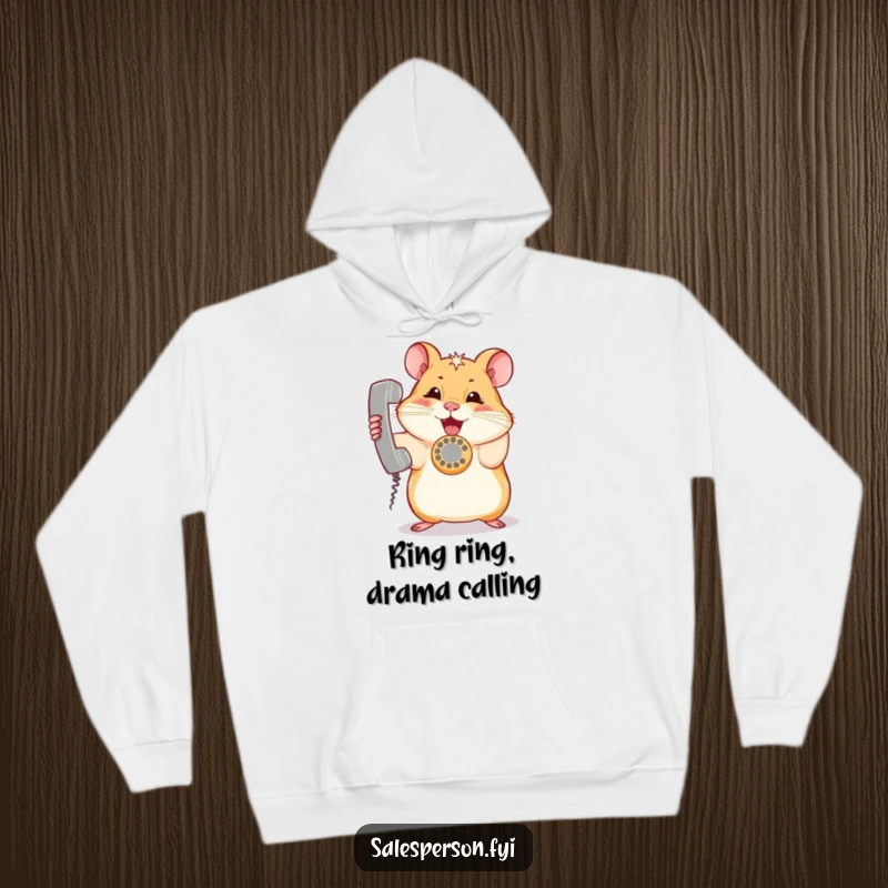 Funny hamster hoodie with a cute, curious rodent holding a ringing telephone, perfect for cozy, humorous wear.