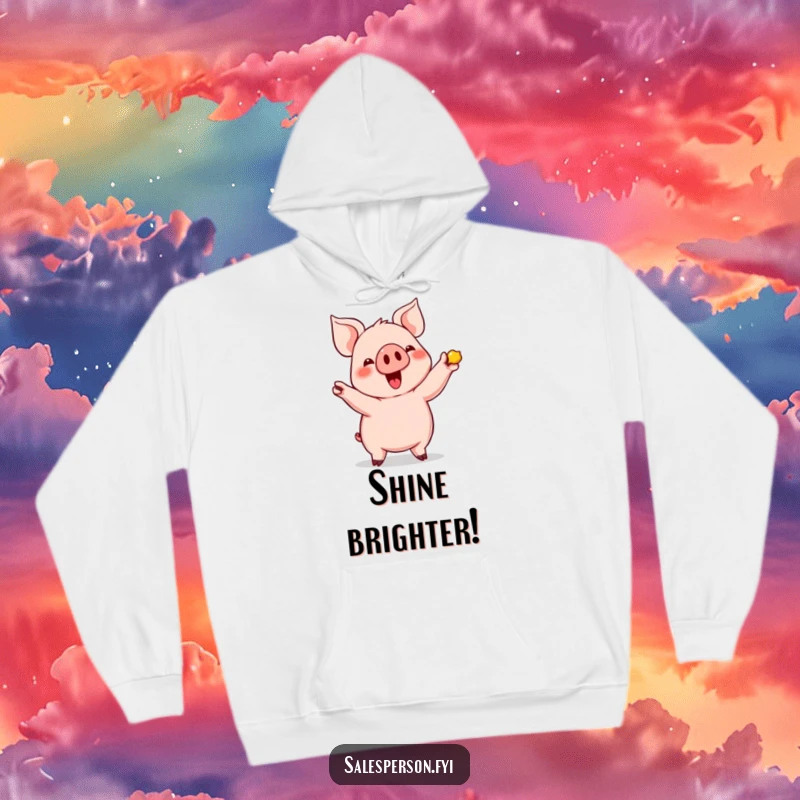 Funny Pig's Shiny Find Hoodie: Cute pig enthusiastically showing off a shiny item, perfect cozy gift.