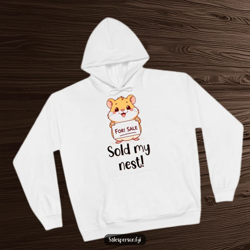 Funny Hamster For Sale Hoodie: Cheerful hamster with a big smile holding a 'For Sale' sign, ideal gift.
