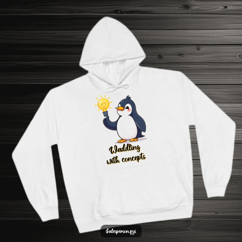 Funny penguin hoodie with a cheerful bird pitching an idea with grand arm movements, ideal for cozy, humorous wear.