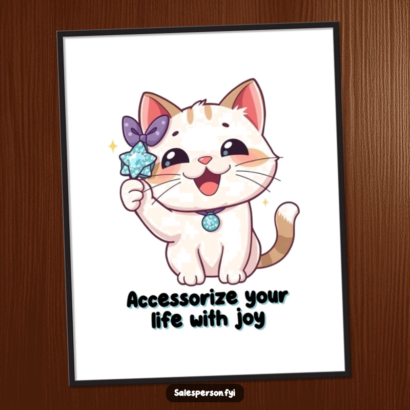 Funny Free Printable Wall Art: A delighted cat stylishly displaying a dazzling, sparkly accessory with a confident flourish.