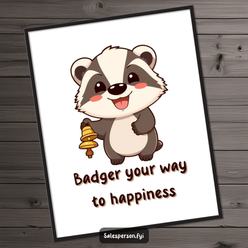 Funny Free Printable Wall Art of a cheerful badger ringing a bell with a huge grin, bringing attention and humor to any room.