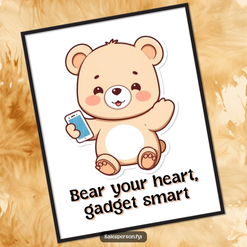 Funny Free Printable Wall Art of a small bear with a welcoming smile, enthusiastically showing off a gadget.