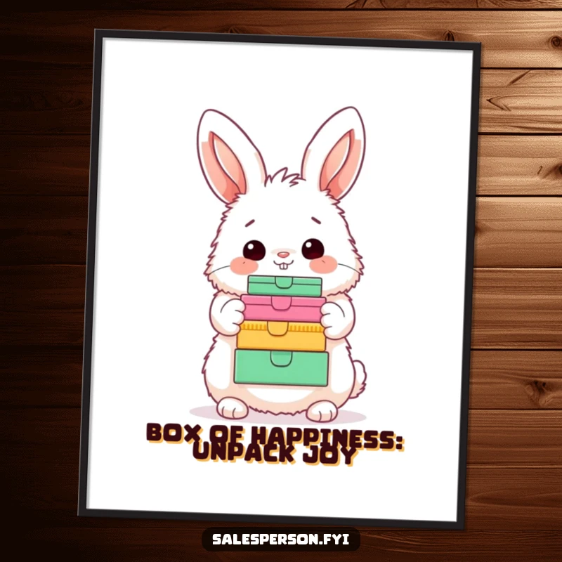 Funny Free Printable Wall Art: A fluffy bunny stands proudly beside a tall stack of colorful gift boxes with a joyful expression.