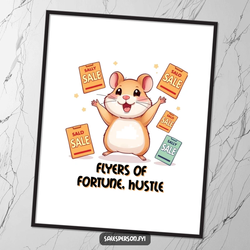 Funny Free Printable Wall Art: A charmingly manic hamster is caught mid-air, juggling multiple sale flyers with ecstatic glee.