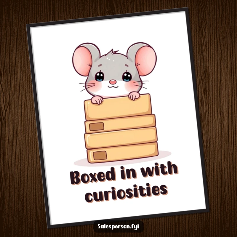 Funny Free Printable Wall Art: A curious mouse peeking from behind a stack of boxes, creating a whimsical and charming scene.