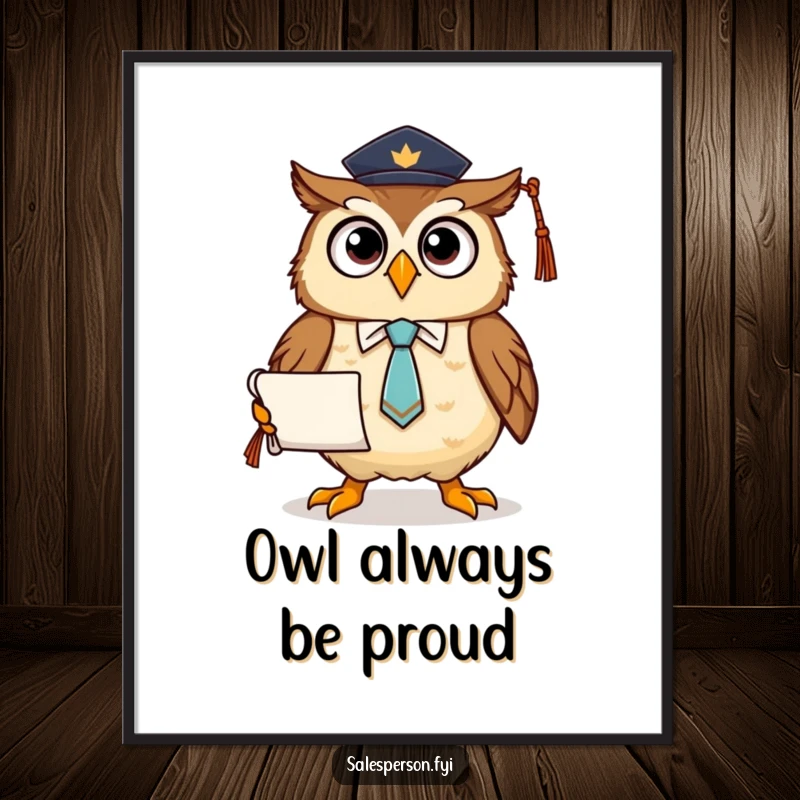 Funny free printable wall art of a proud owl wearing a tie and holding a diploma scroll, exuding scholarly humor and sophistication.