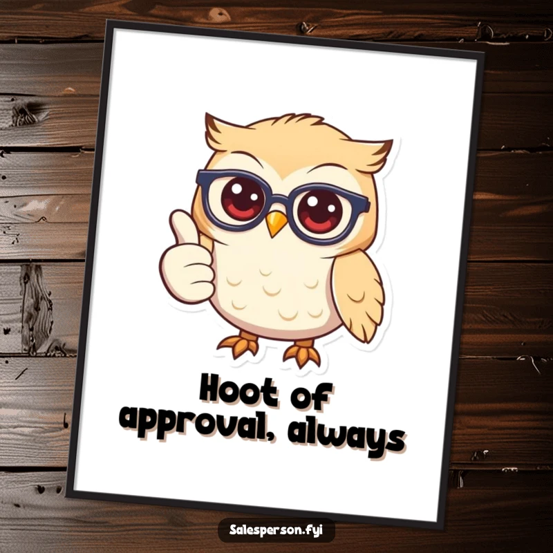 Funny Free Printable wall art: a smiling owl wearing glasses gives a prominent thumbs up, embodying cheerful wisdom.
