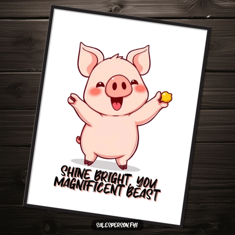 Funny Free Printable Wall Art of a joyful pig displaying a sparkling object, a whimsical downloadable treasure.
