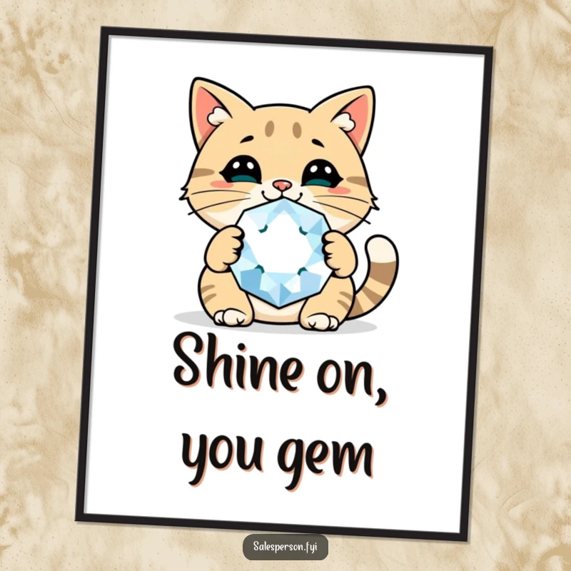 Funny Free Printable Wall Art: A cheerful cat beams confidently while holding a giant, sparkling gem.