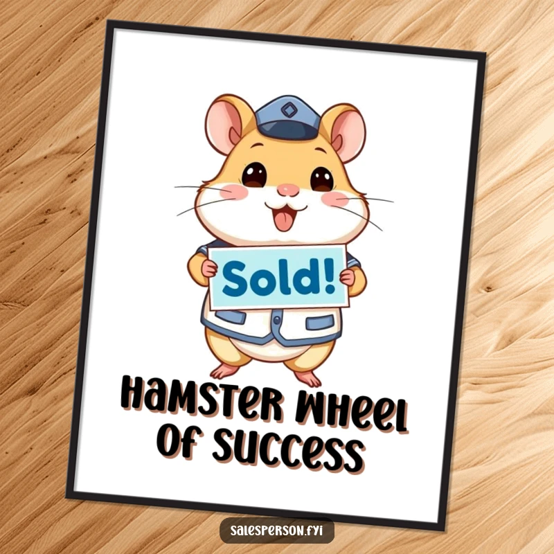 Funny free printable wall art: An energetic hamster in a uniform holds a bright red 'Sold!' sign with enthusiasm.