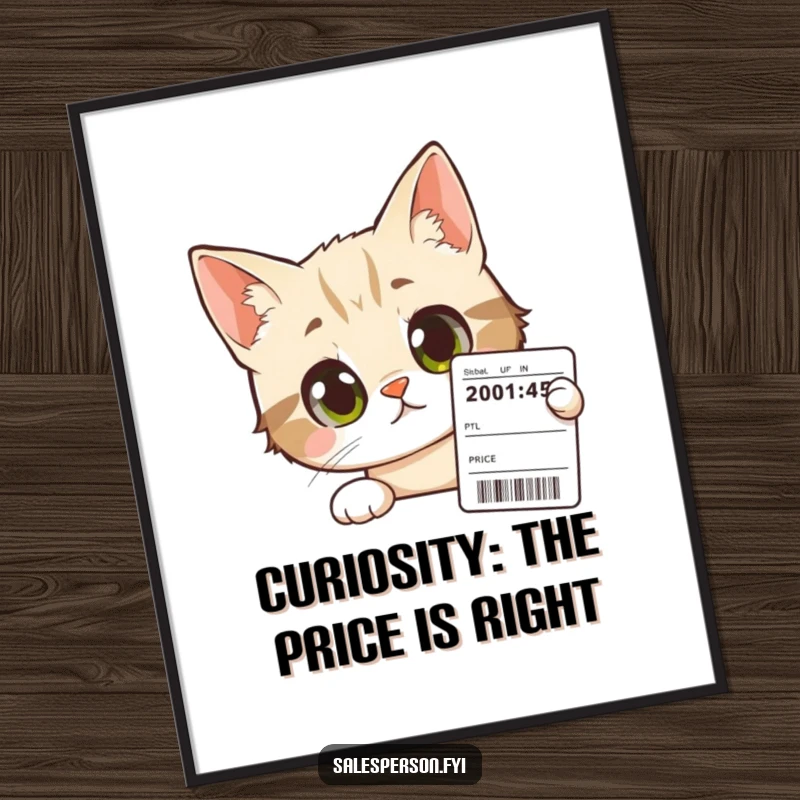 Funny Free Printable Wall Art: A curious cat with wide, intrigued eyes focuses intently on a price tag, a humorous scene.