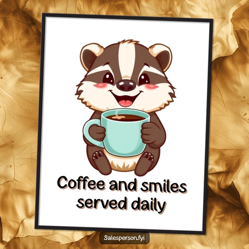 Funny Free Printable Wall Art: A jovial badger beams with a welcoming smile while offering a steaming cup of coffee.