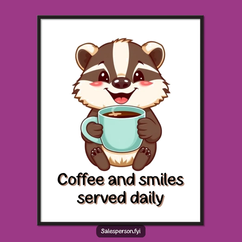 Free Printable Wall Art: Jovial Badger Coffee Cup Welcoming Smile Downloadable Art