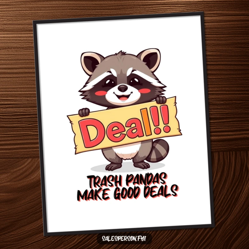 Funny free printable wall art: A beaming raccoon holds up a large, colorful banner announcing 'Deal!' with a smile.