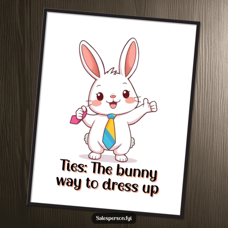 Funny Free Printable Wall Art: An energetic bunny proudly holds a vibrant tie, ready for a stylish occasion.