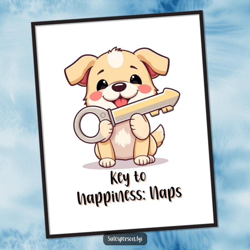 Funny Free Printable Wall Art of a beaming dog enthusiastically holding up a large, shiny key, ready to grant wishes.