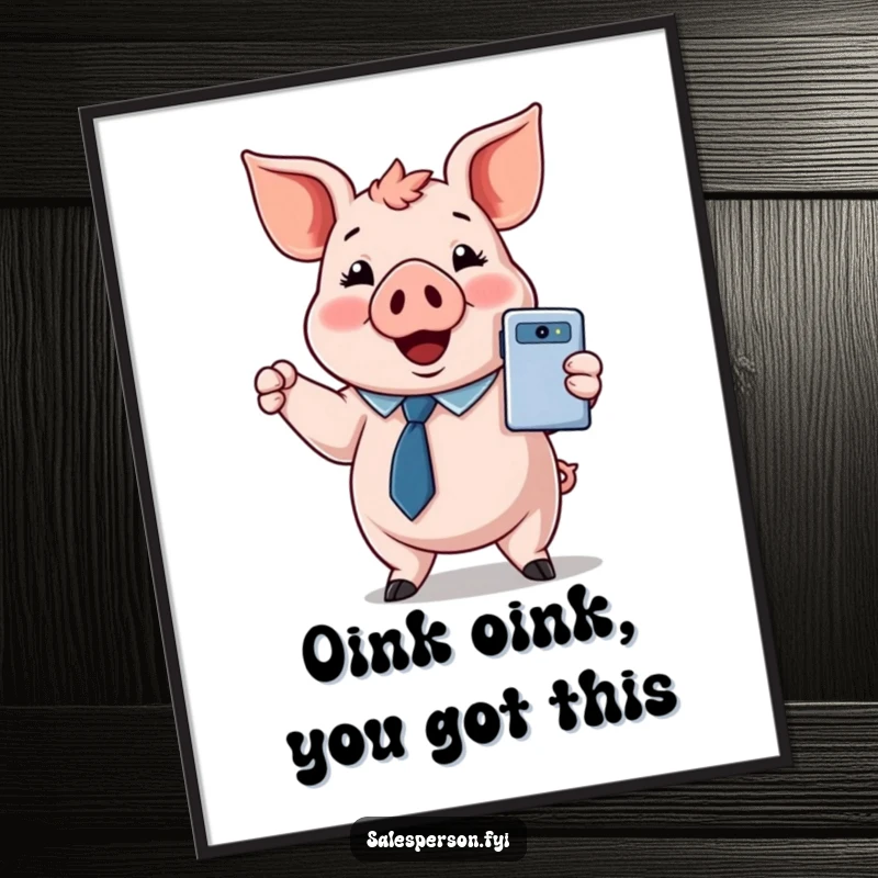 Funny free printable wall art: A cheerful pig in a tie proudly presents a shiny new gadget.
