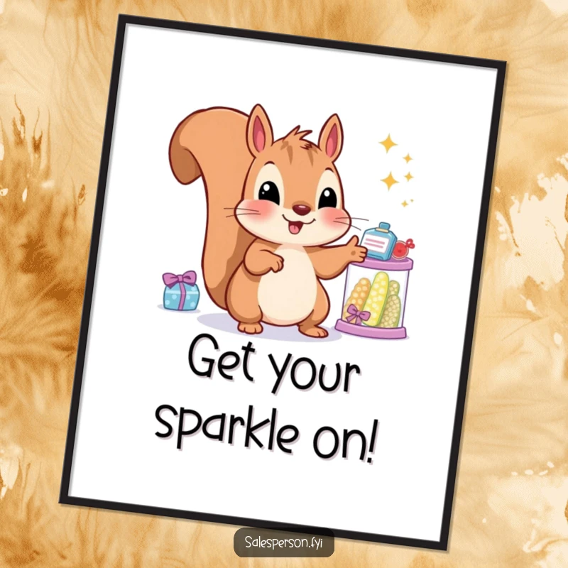 Funny free printable wall art: A smiling squirrel proudly displaying a collection of glittering, coveted items.