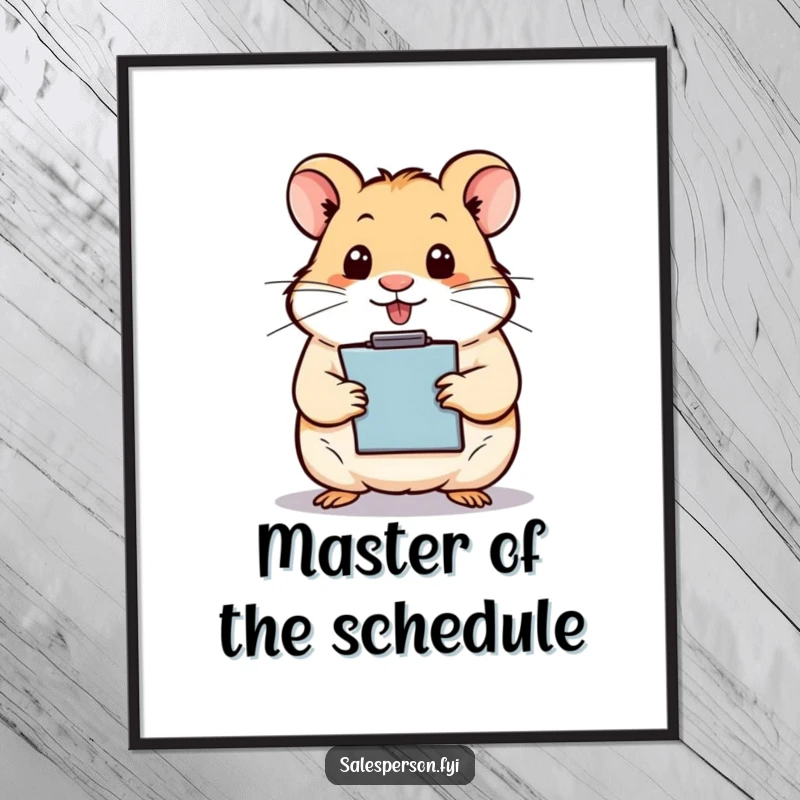 Funny Free Printable wall art: a highly organized hamster meticulously managing a clipboard with a determined expression.
