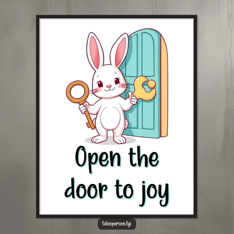 Funny Free Printable Wall Art: A rabbit holds an oversized key, pointing towards a mysterious door, creating whimsical downloadable decor, print at home.