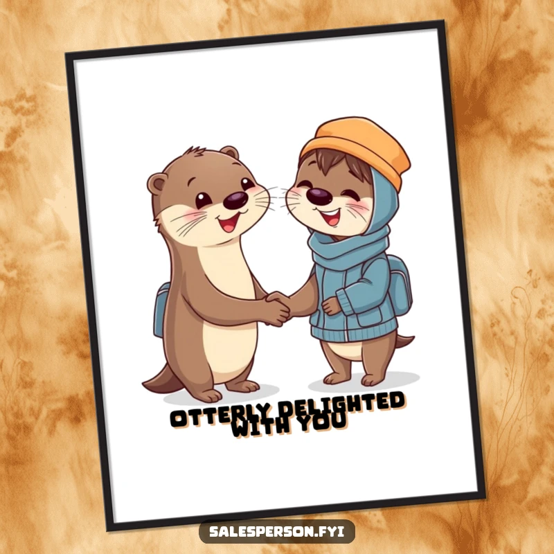 Funny Free Printable Wall Art: A smiling otter shakes hands with a delighted customer, symbolizing a successful deal. Quirky and downloadable.