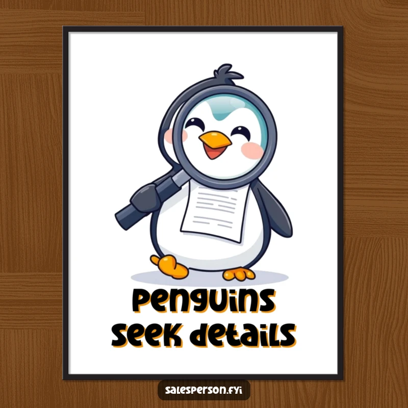 Funny free printable wall art of a joyful penguin holding a huge magnifying glass to a document, creating a scene of curious investigation.