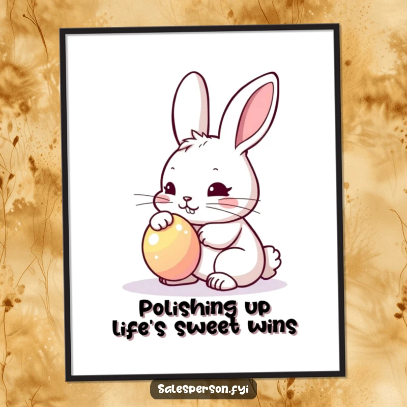 Funny Free Printable Wall Art of a bunny polishing a shiny object with great care, a determined downloadable.