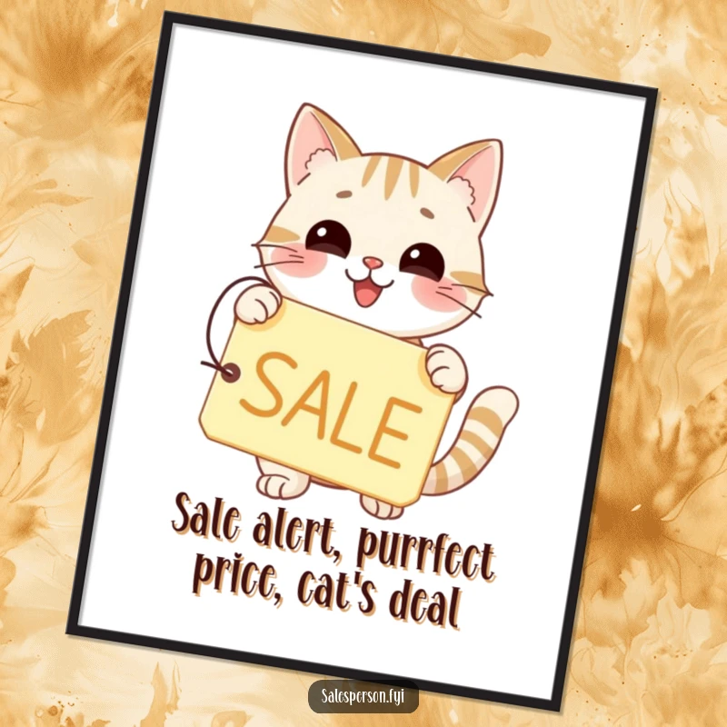 Funny Free Printable Wall Art: A happy cat holds up a price tag announcing a huge SALE.