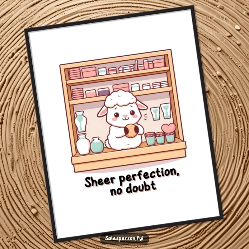 Funny Free Printable Wall Art: A content sheep hums peacefully while neatly arranging items on a display shelf.