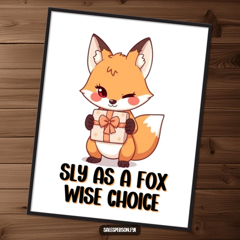 Funny Free Printable Wall Art: Sly fox winking playfully while presenting a metaphorical gift box, adding humor to any room.