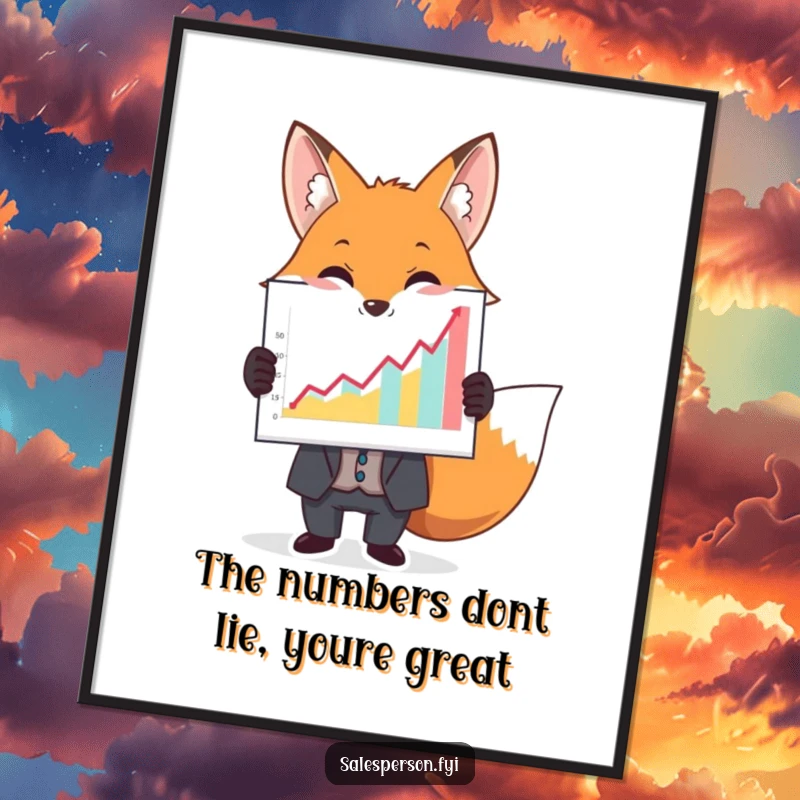 Funny free printable wall art: A dapper fox in a suit proudly displays a large, colorful upward-trending graph.