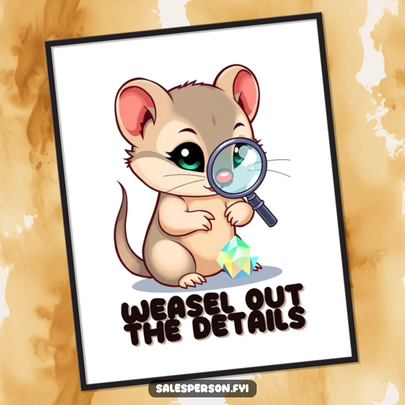 Funny free printable wall art: A sly weasel intently examines a large, brilliant sparkling gem with a magnifying glass.
