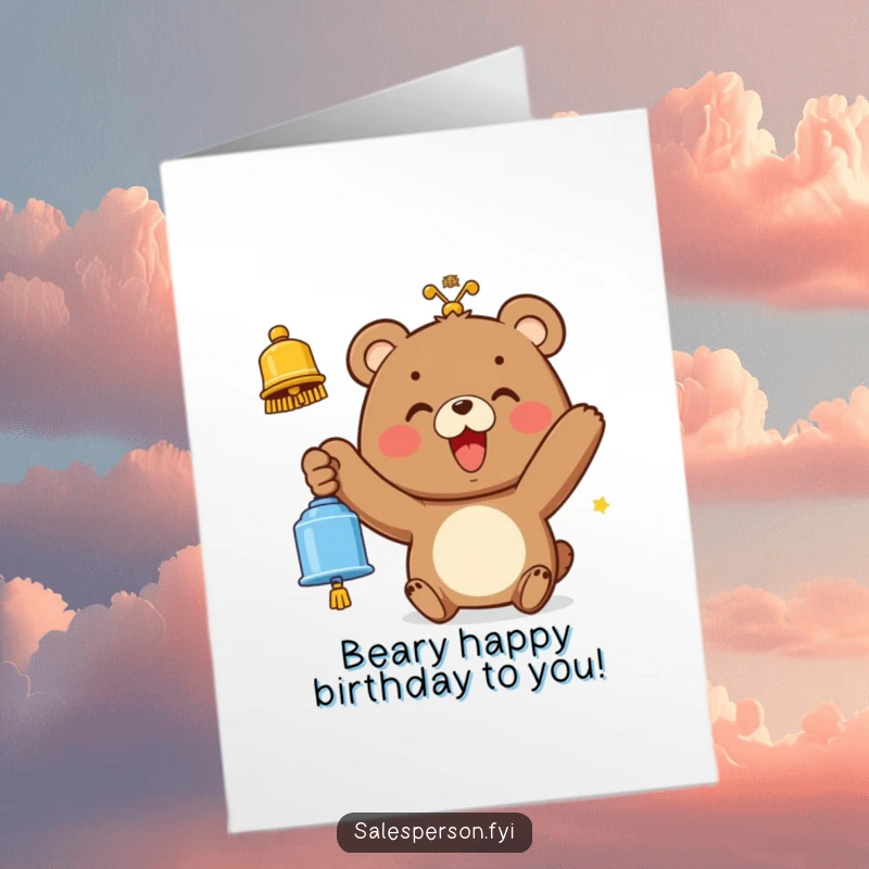 Funny free printable birthday card: A bear character rings a bell with a huge smile, symbolizing celebration.