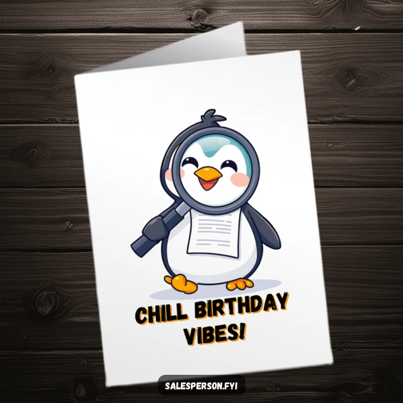 Funny free printable birthday card featuring a joyful penguin enthusiastically inspecting a document with a magnifying glass, adding a playful vibe.