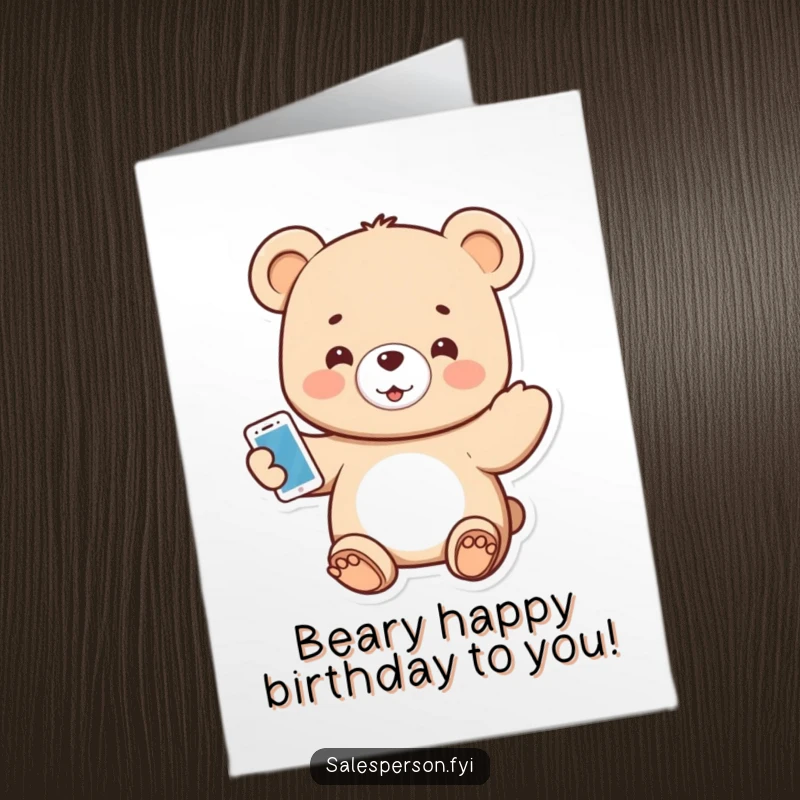 Funny Free Printable Birthday Card showing a small bear enthusiastically presenting a shiny gadget with a big smile.