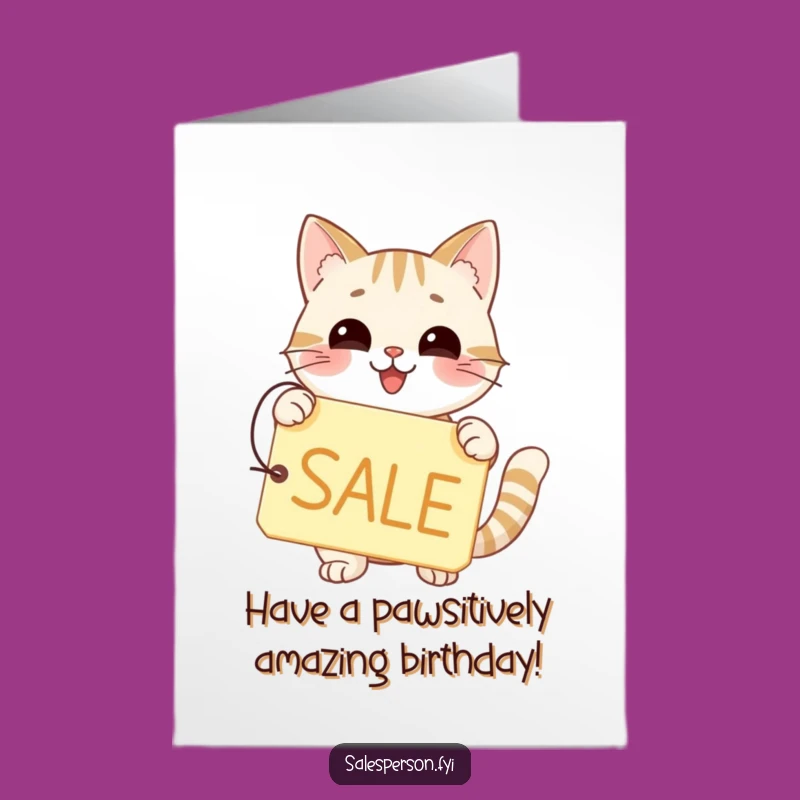 Free Printable Birthday Card: Cat Sale Sign, Funny Downloadable Gift for Bargain Hunters