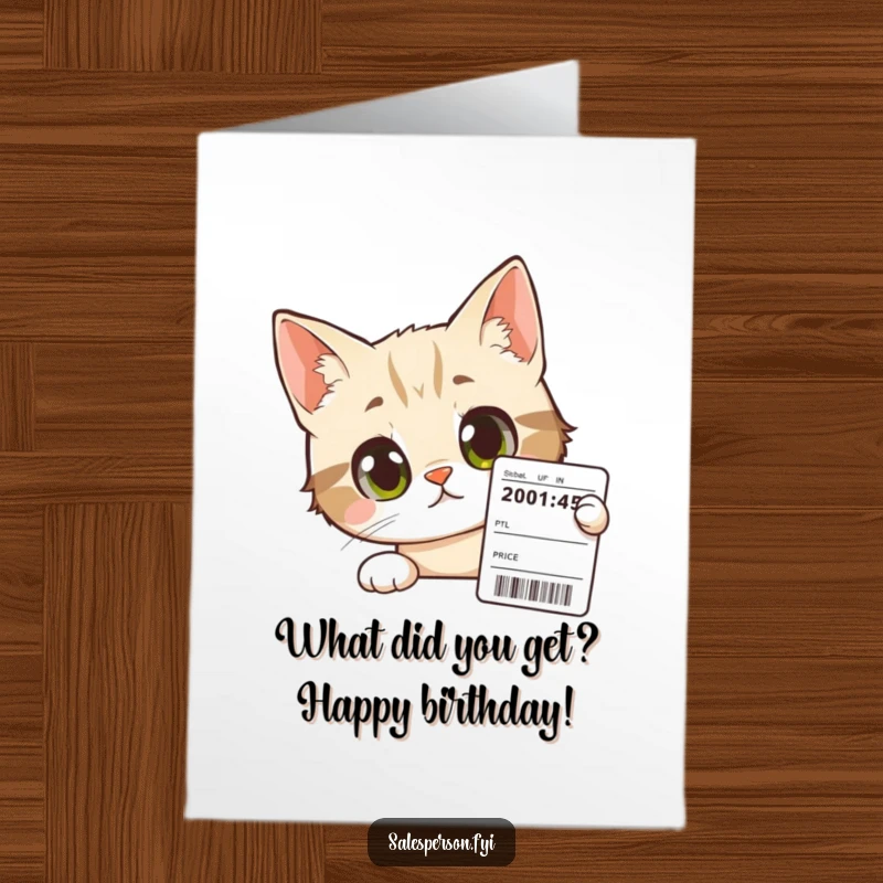 Funny Free Printable Birthday Card: A curious cat peers intently at a price tag with wide, intrigued eyes, ready to shop.
