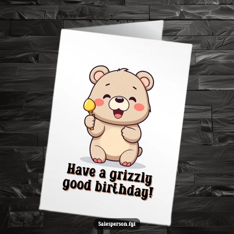 Funny Free Printable Birthday Card: A cheerful bear joyfully presents a shiny, coveted object to a customer.