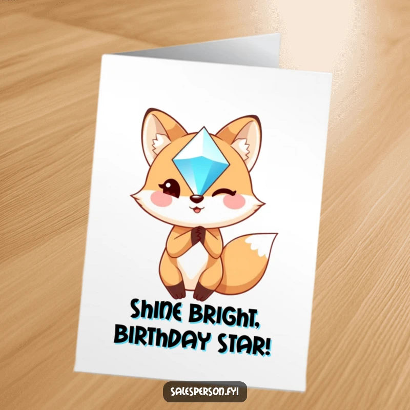 Funny Free Printable Birthday Card: A charming fox confidently winks while holding up a large, sparkling gem for a birthday wish.